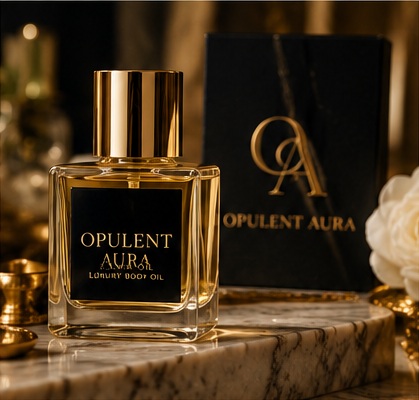 Opulent Aura luxury body oil in gold and black packaging