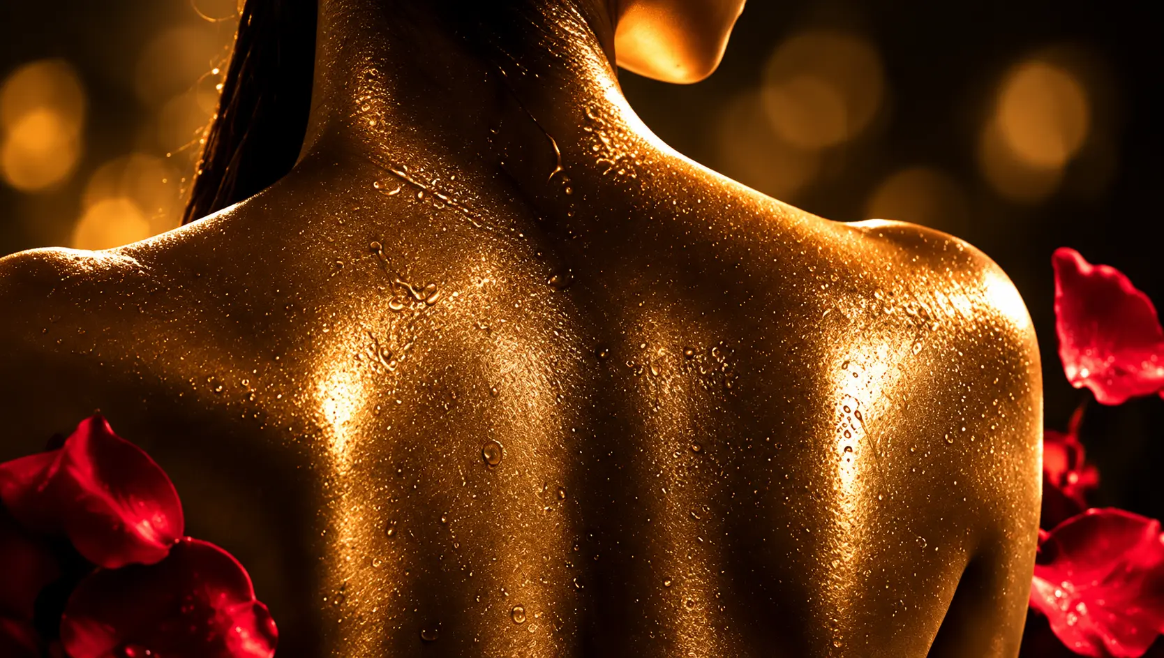 Golden illuminated skin and rose petals